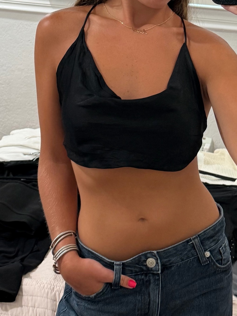 Zara Black Satin Halter Crop Top with Draped Neck